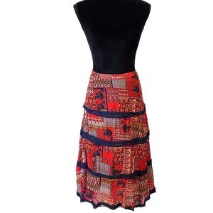 Eva Franco Patchwork Tiered Midi Skirt Size 6 Paisley Silhouette Chiffon Trim